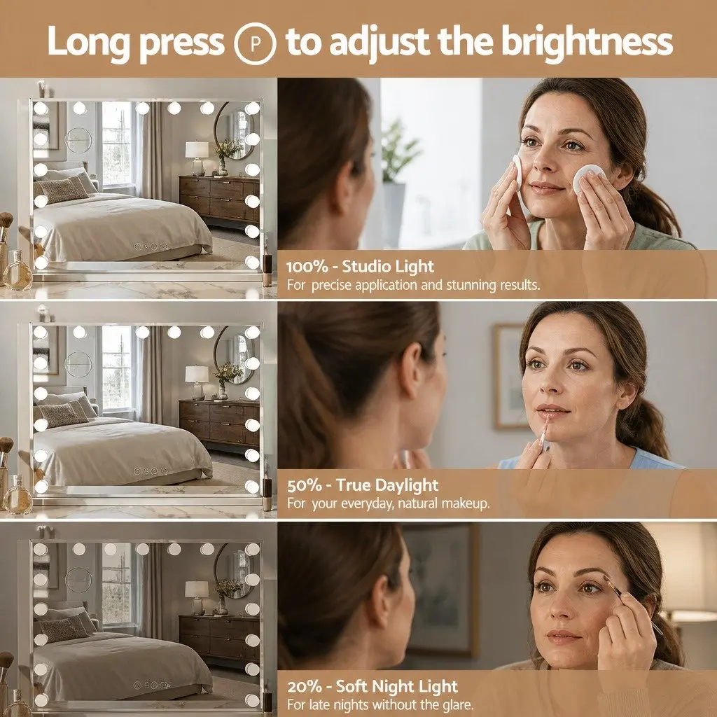 Makeup Mirror Tabletop Wall Mount 80x58cm LED Light for Bathroom