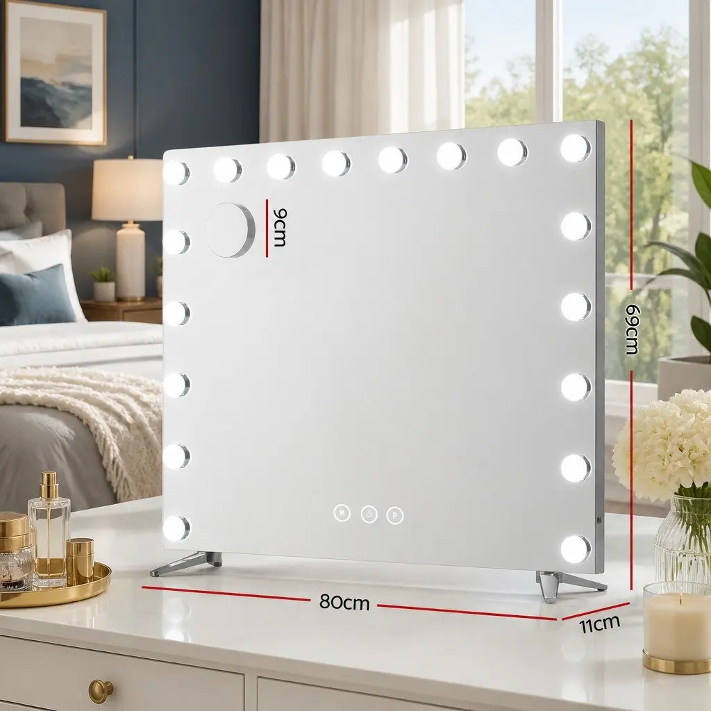 80x65cm LED Makeup Mirror with Touch Controls and 18 Bulbs