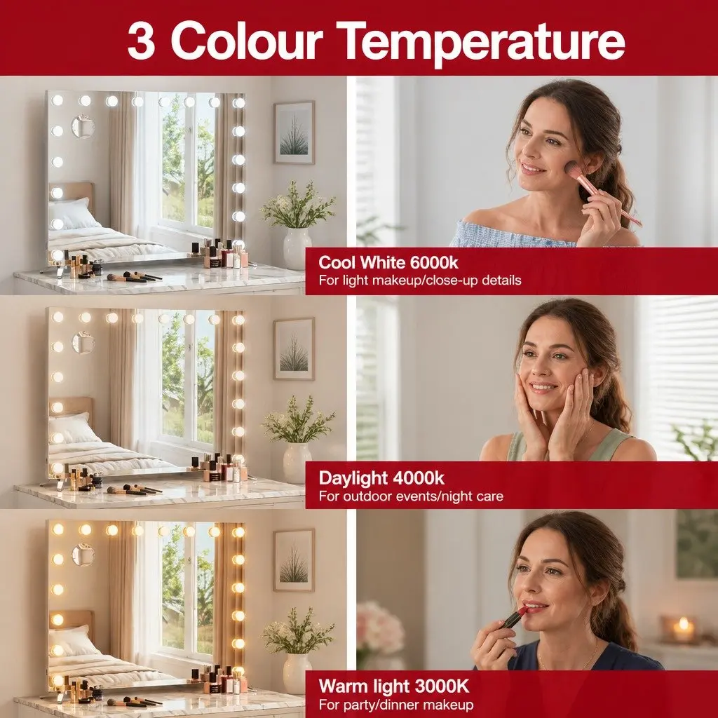 80x65cm LED Makeup Mirror with Touch Controls and 18 Bulbs