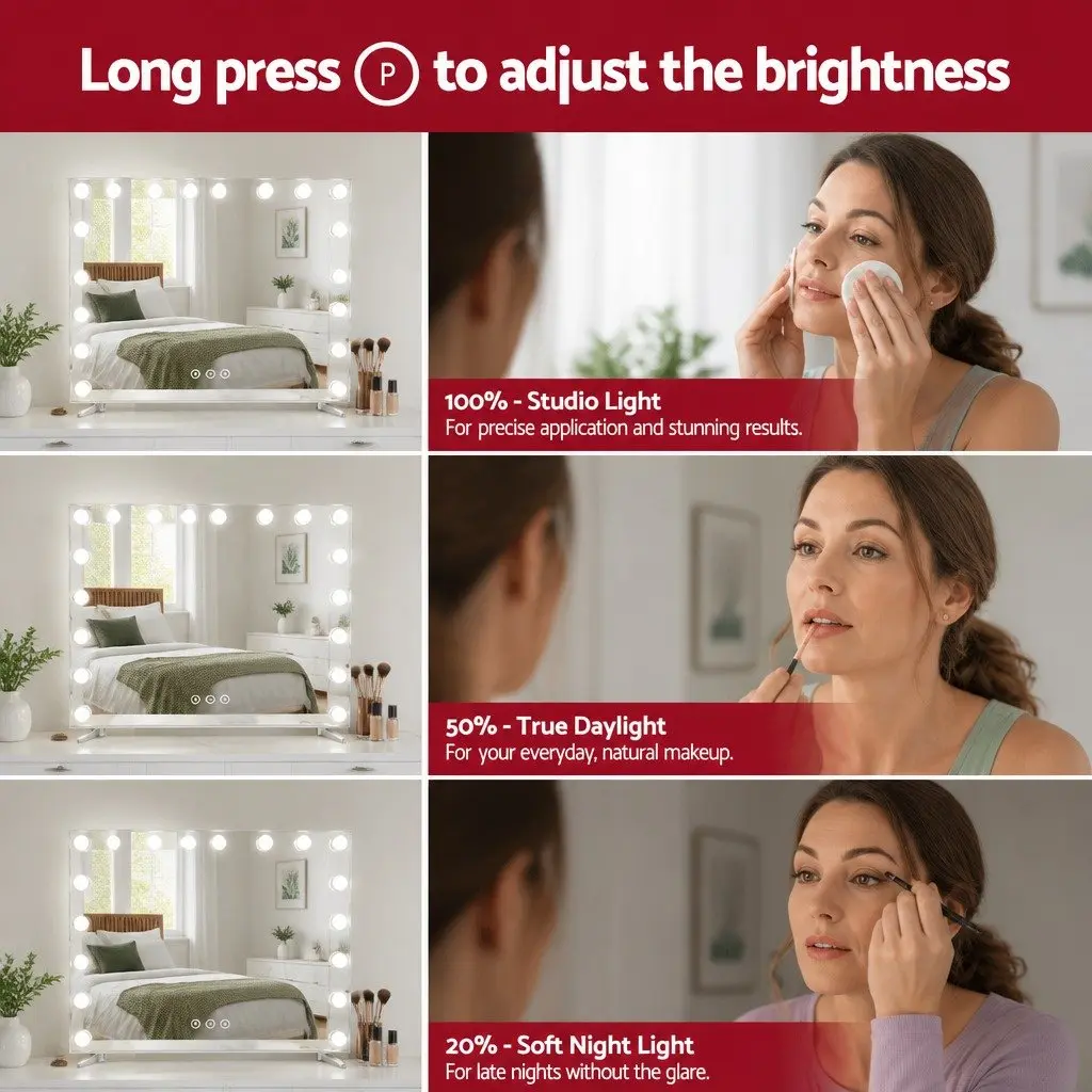 80x65cm LED Makeup Mirror with Touch Controls and 18 Bulbs