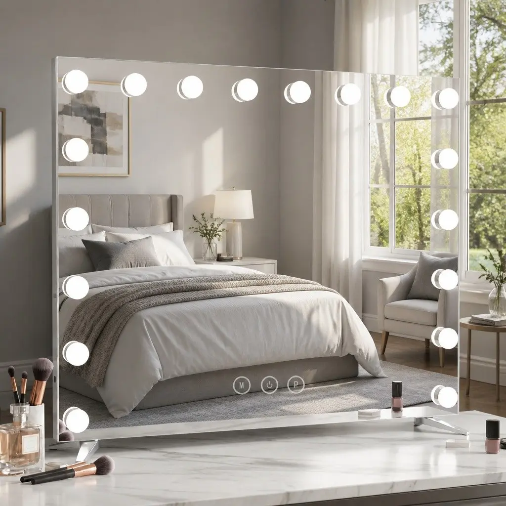 80x65cm LED Makeup Mirror with Touch Controls and 18 Bulbs