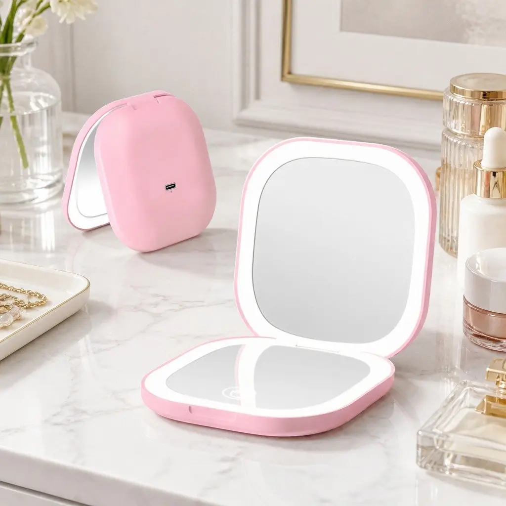 LED Compact Makeup Mirror 1x 10x Magnification Lighted Travel Pocket Square Pink