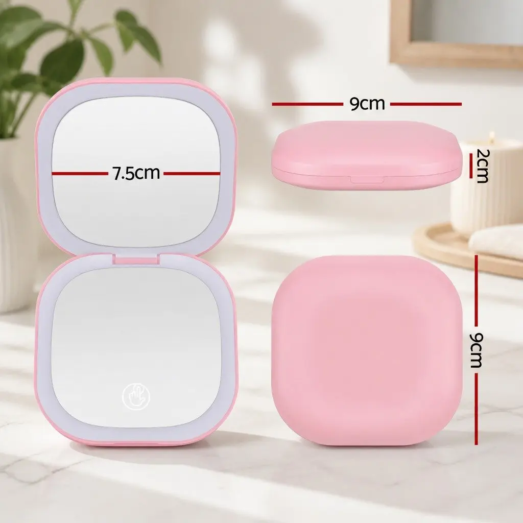 LED Compact Makeup Mirror 1x 10x Magnification Lighted Travel Pocket Square Pink