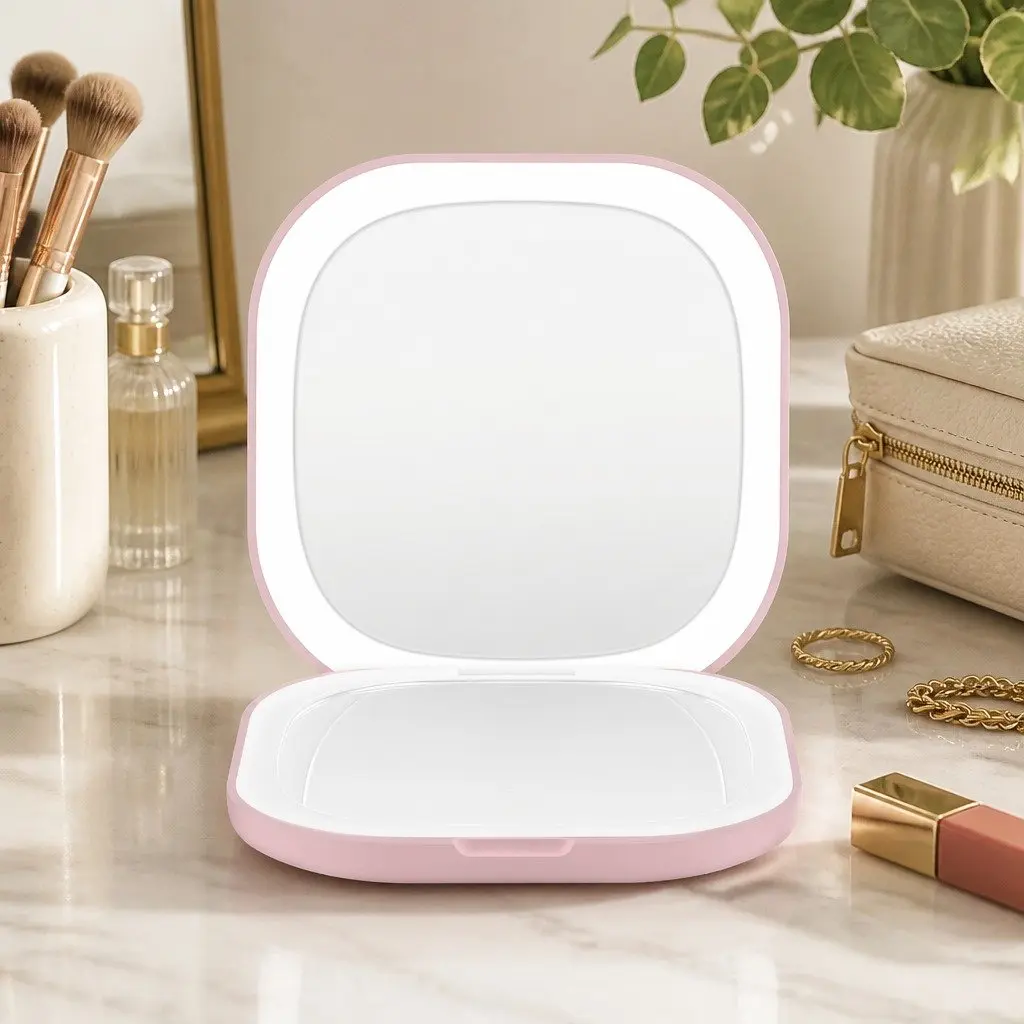 LED Compact Makeup Mirror 1x 10x Magnification Lighted Travel Pocket Square Pink