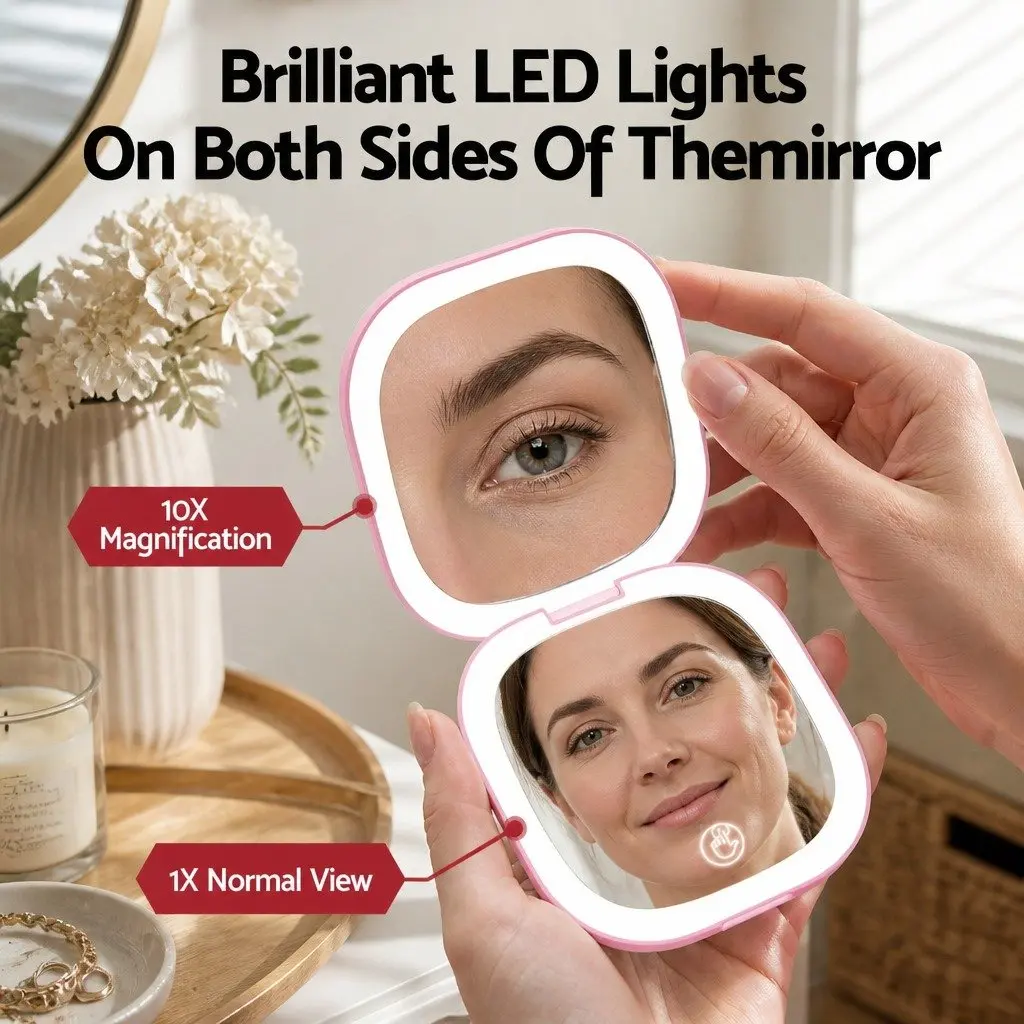 LED Compact Makeup Mirror 1x 10x Magnification Lighted Travel Pocket Square Pink