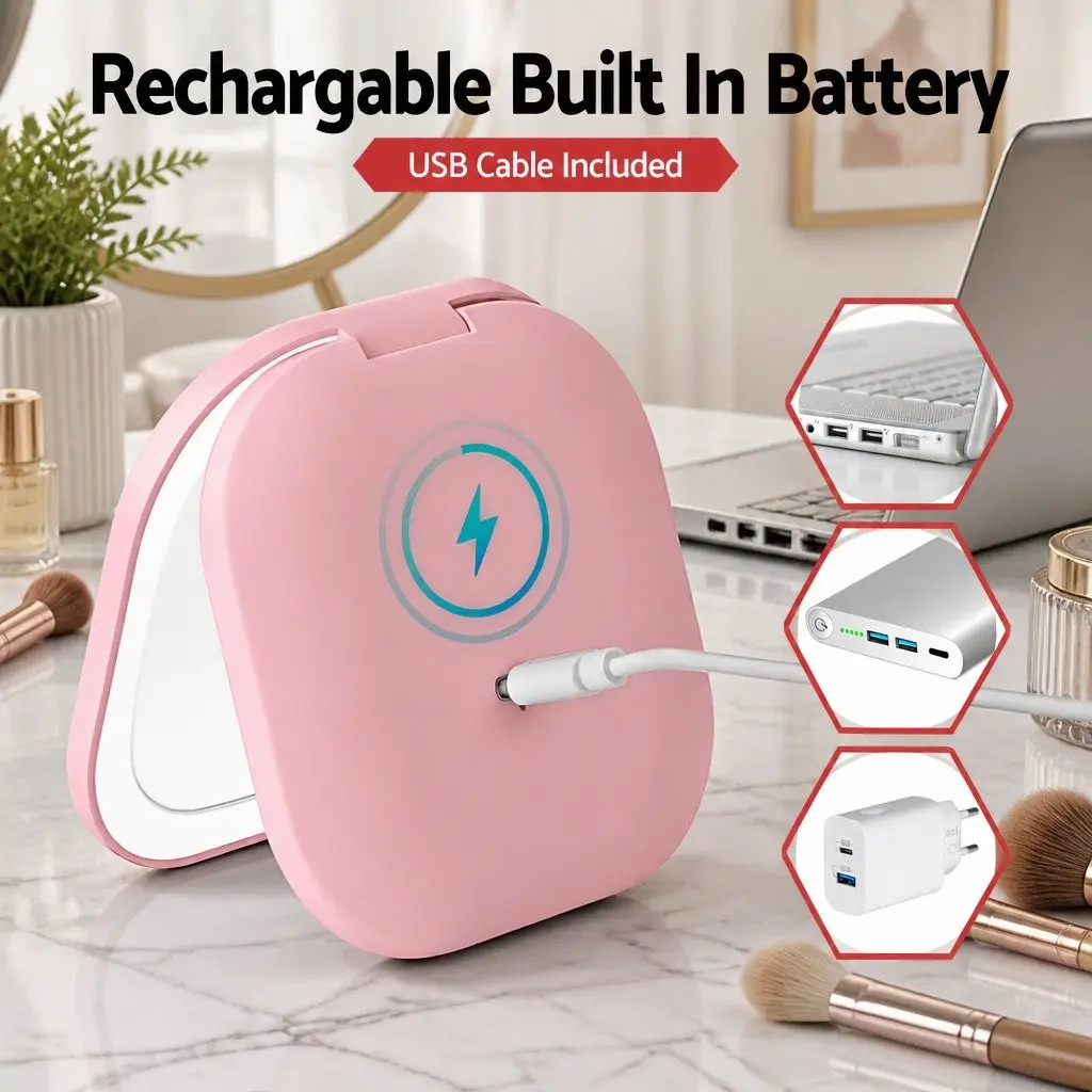 LED Compact Makeup Mirror 1x 10x Magnification Lighted Travel Pocket Square Pink
