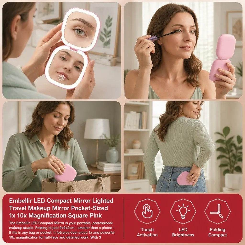 LED Compact Makeup Mirror 1x 10x Magnification Lighted Travel Pocket Square Pink