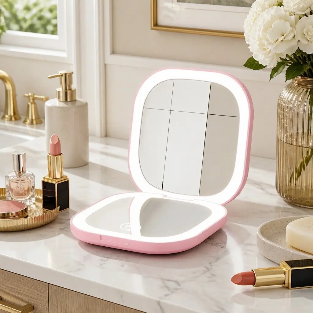 LED Compact Makeup Mirror 1x 10x Magnification Lighted Travel Pocket Square Pink
