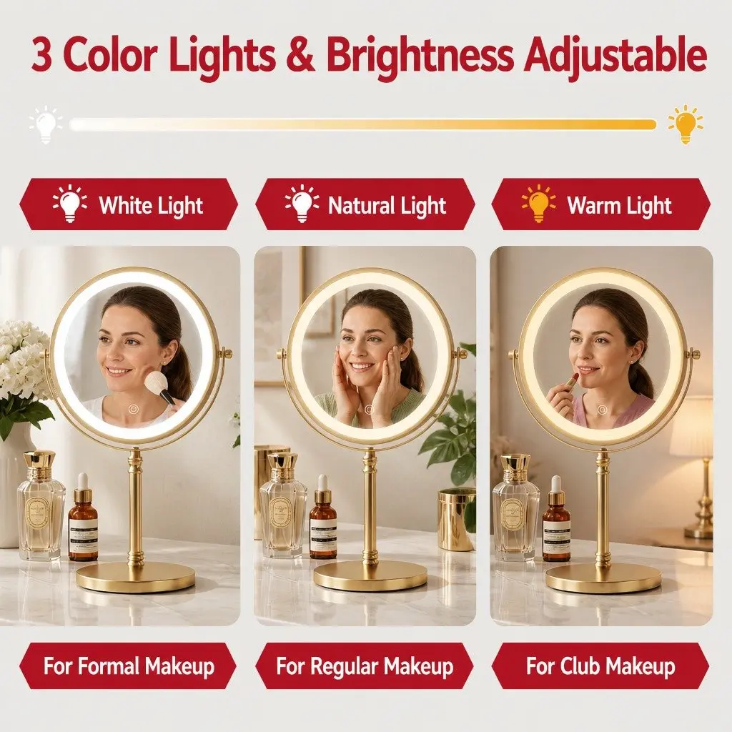 Double Sided Lighted Makeup Mirror 10X Magnification LED Tabletop Vanity Gold