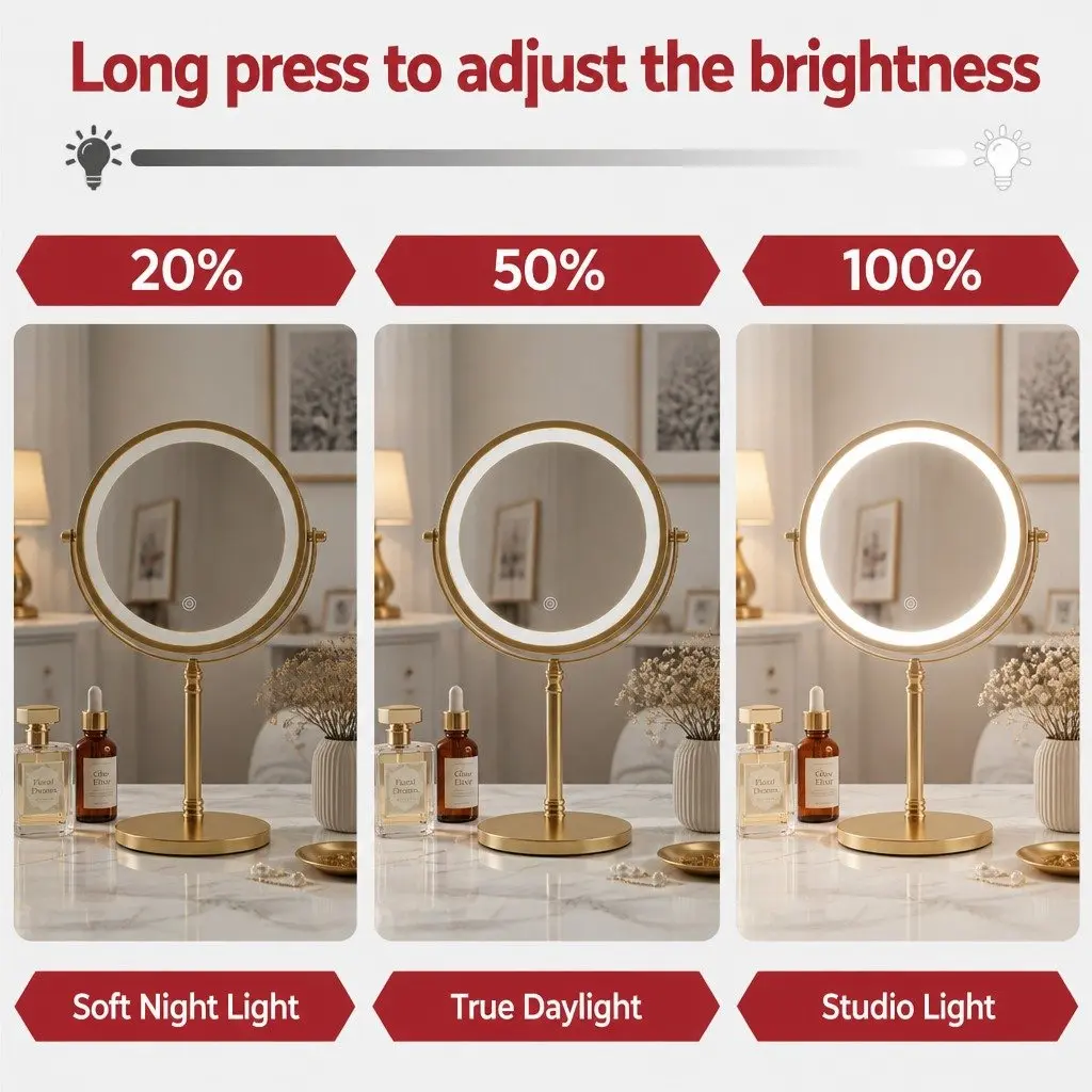 Double Sided Lighted Makeup Mirror 10X Magnification LED Tabletop Vanity Gold