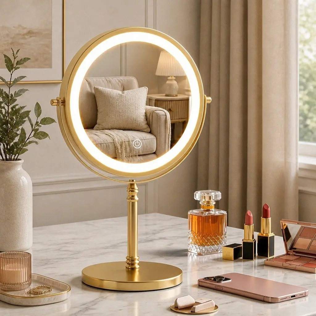 Double Sided Lighted Makeup Mirror 10X Magnification LED Tabletop Vanity Gold