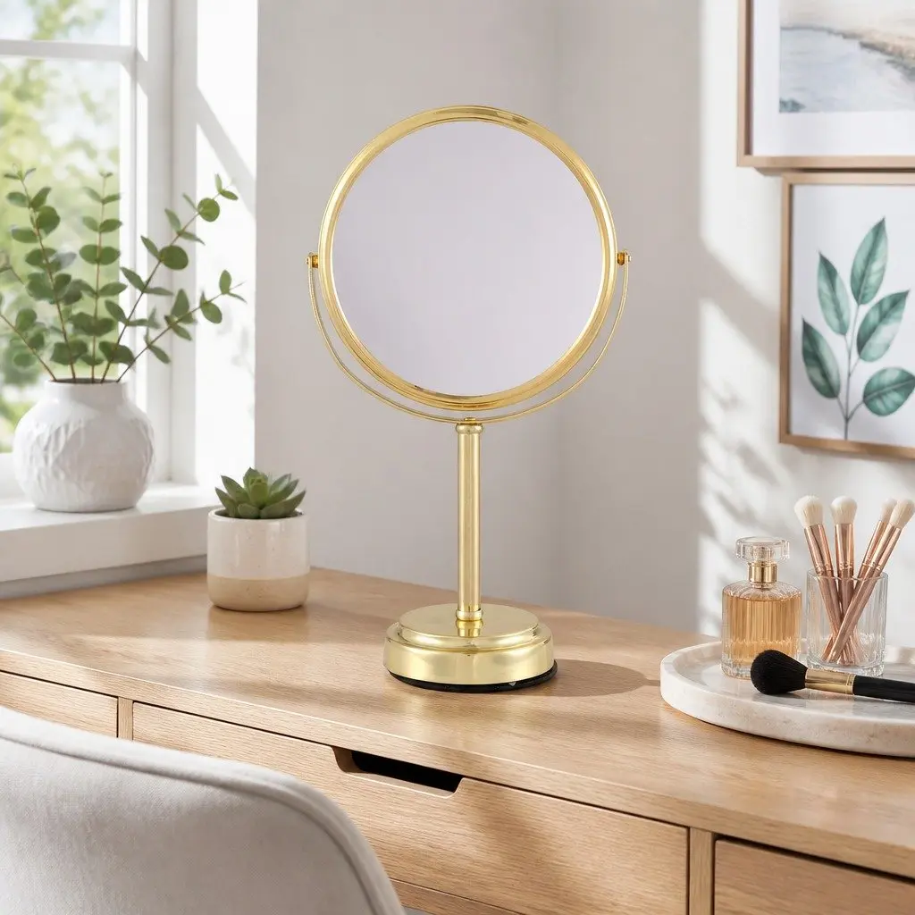 Makeup Mirror Tabletop Use 20x20cm 1X 5X Magnification 360 Rotation Gold