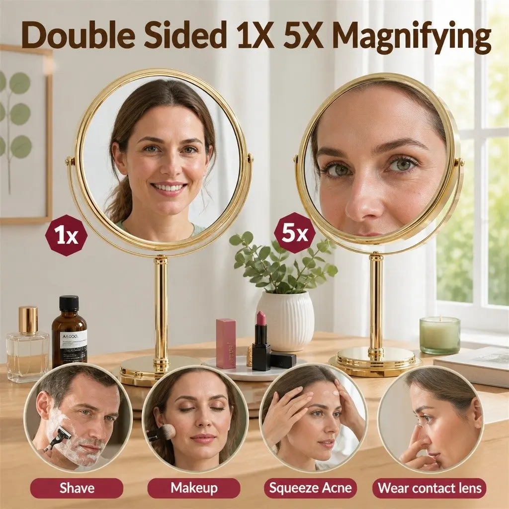 Makeup Mirror Tabletop Use 20x20cm 1X 5X Magnification 360 Rotation Gold