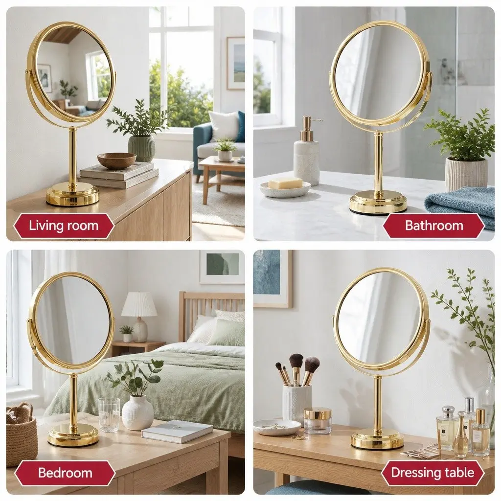 Makeup Mirror Tabletop Use 20x20cm 1X 5X Magnification 360 Rotation Gold