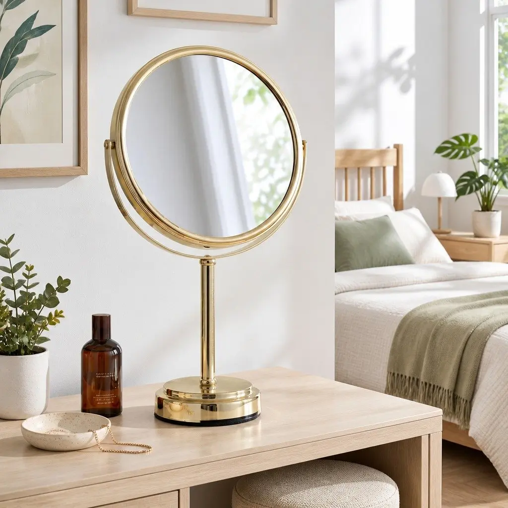 Makeup Mirror Tabletop Use 20x20cm 1X 5X Magnification 360 Rotation Gold