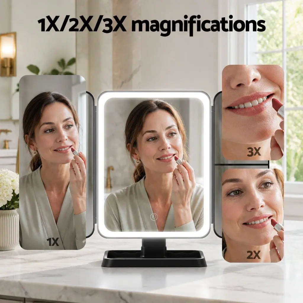 Tri-fold LED Makeup Mirror with Touch Control