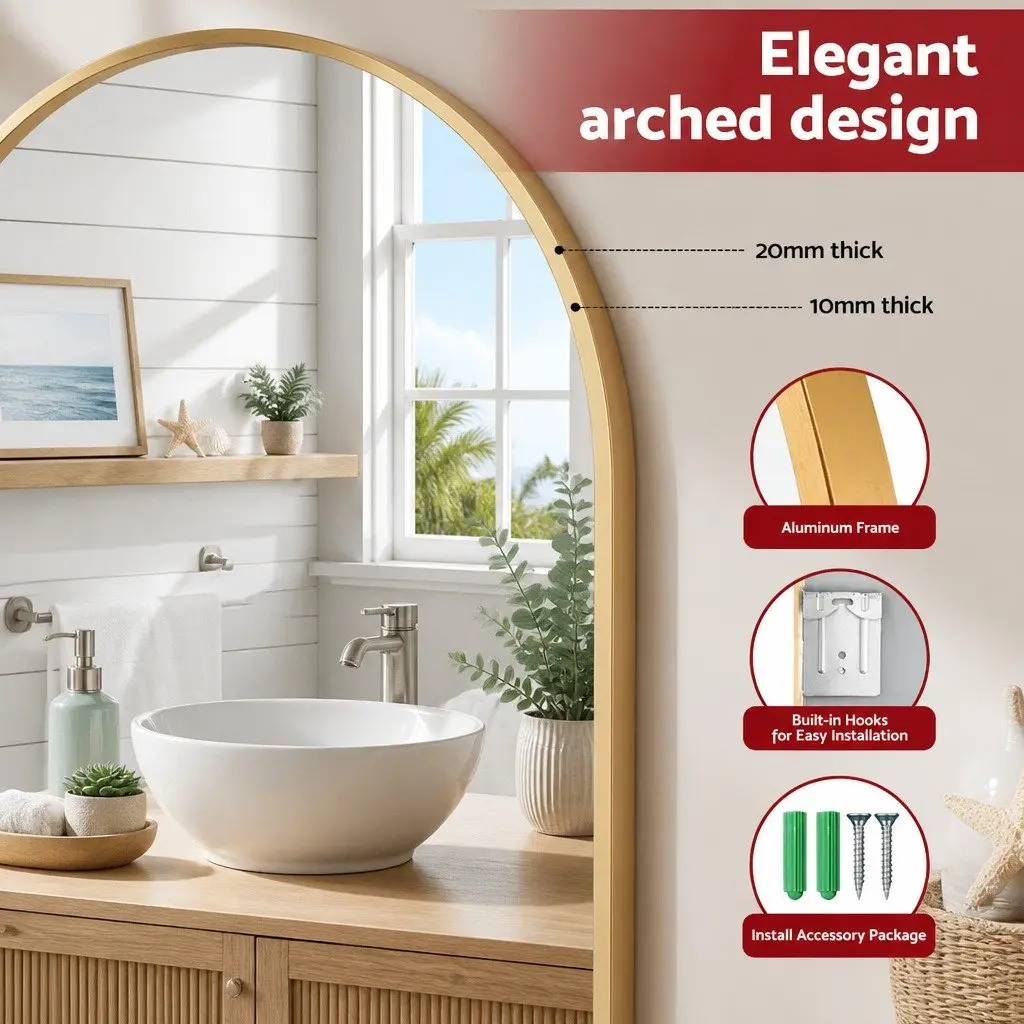 Arched Wall Mirror Bathroom Vanity 86x50cm Gold Frame Home Decor