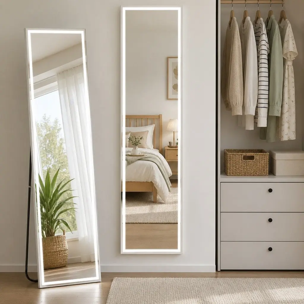 LED Full-Length Floor Mirror for Home Adjustable Brightness and Colour Temperature 160cm x 40cm