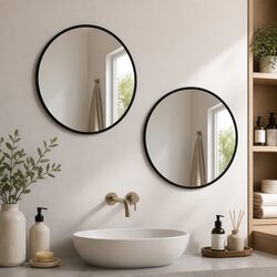 Round Bathroom Wall Mirror - 50cm Black Framed Glass