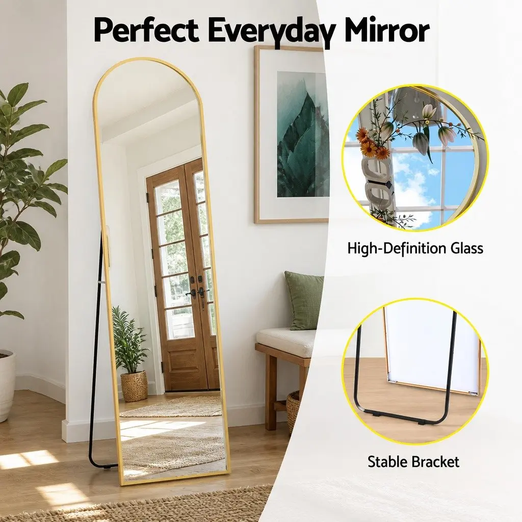 Full Length Mirror Floor Standing Arched Dressing 160cm Gold Frame Bedroom