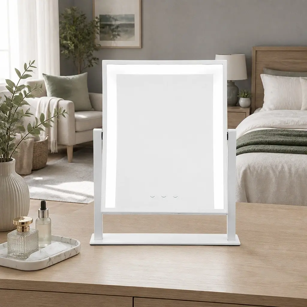 Standing Makeup Mirror 25x30cm LED Light Hollywood Vanity Rotation Touch White