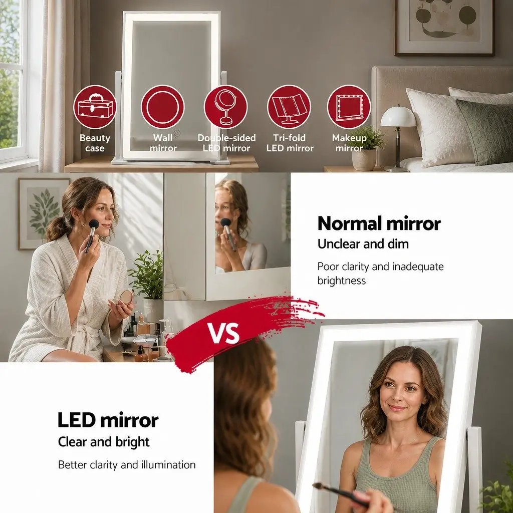 Standing Makeup Mirror 25x30cm LED Light Hollywood Vanity Rotation Touch White