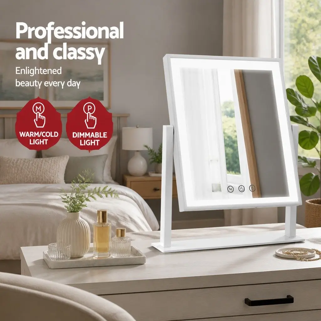 Standing Makeup Mirror 25x30cm LED Light Hollywood Vanity Rotation Touch White