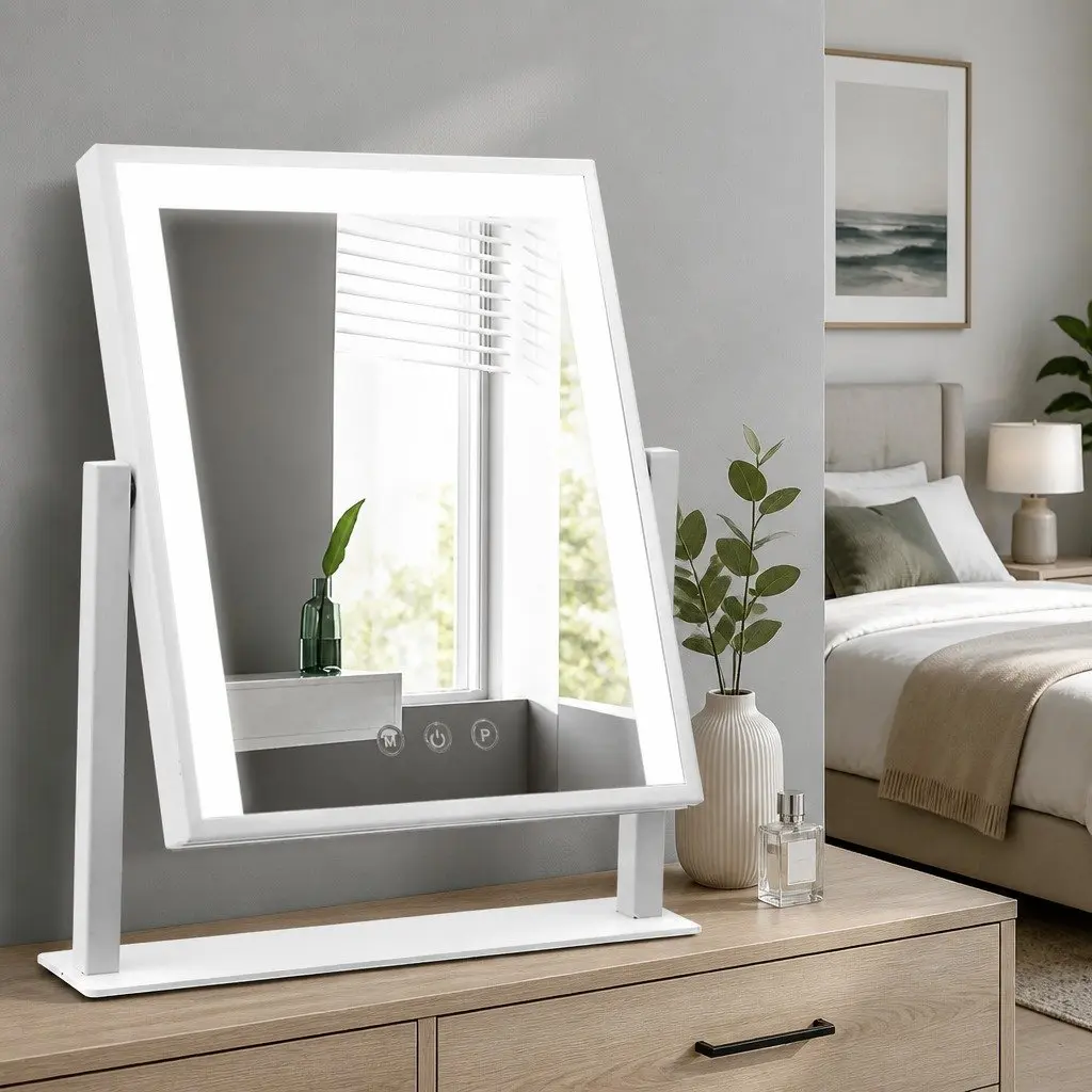 Standing Makeup Mirror 25x30cm LED Light Hollywood Vanity Rotation Touch White