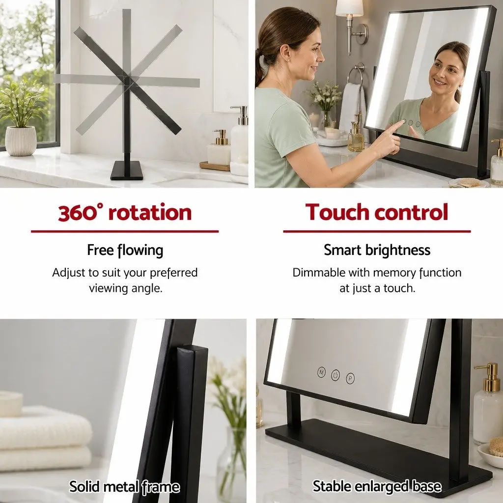 Makeup Mirror 30x40cm Hollywood Vanity LED Light Rotation Touch Control Black