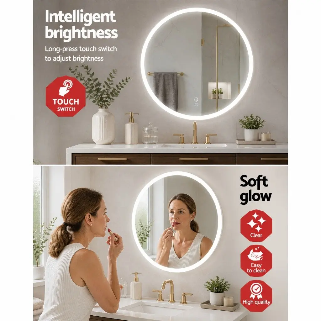 Round Wall Mirror 80cm LED Light Touch Control Bathroom Vanity Home Decor