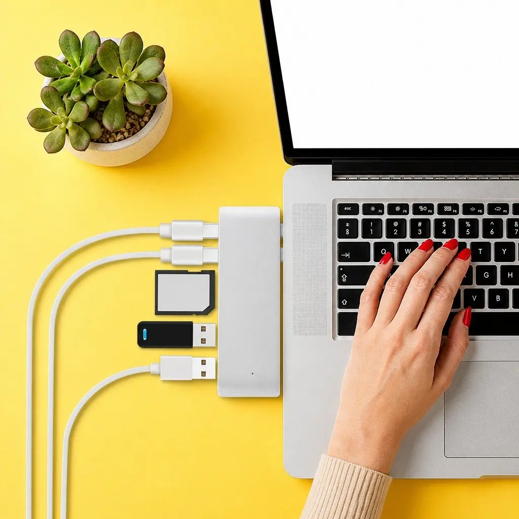 USB Type-C 6 Port Hub Adapter SD Card Reader Fast Data Transfer Silver