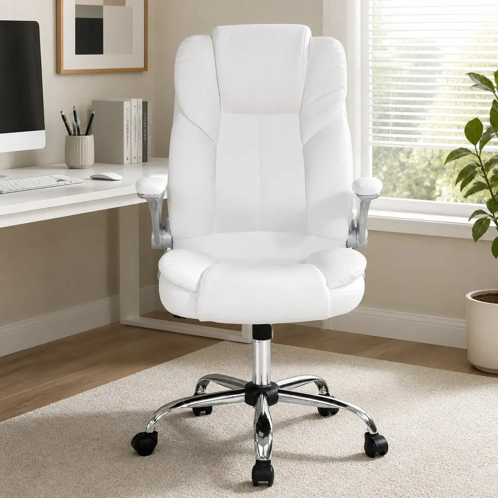 8 Point Massage Office Chair High Back Vibration White PU Leather Work Seat