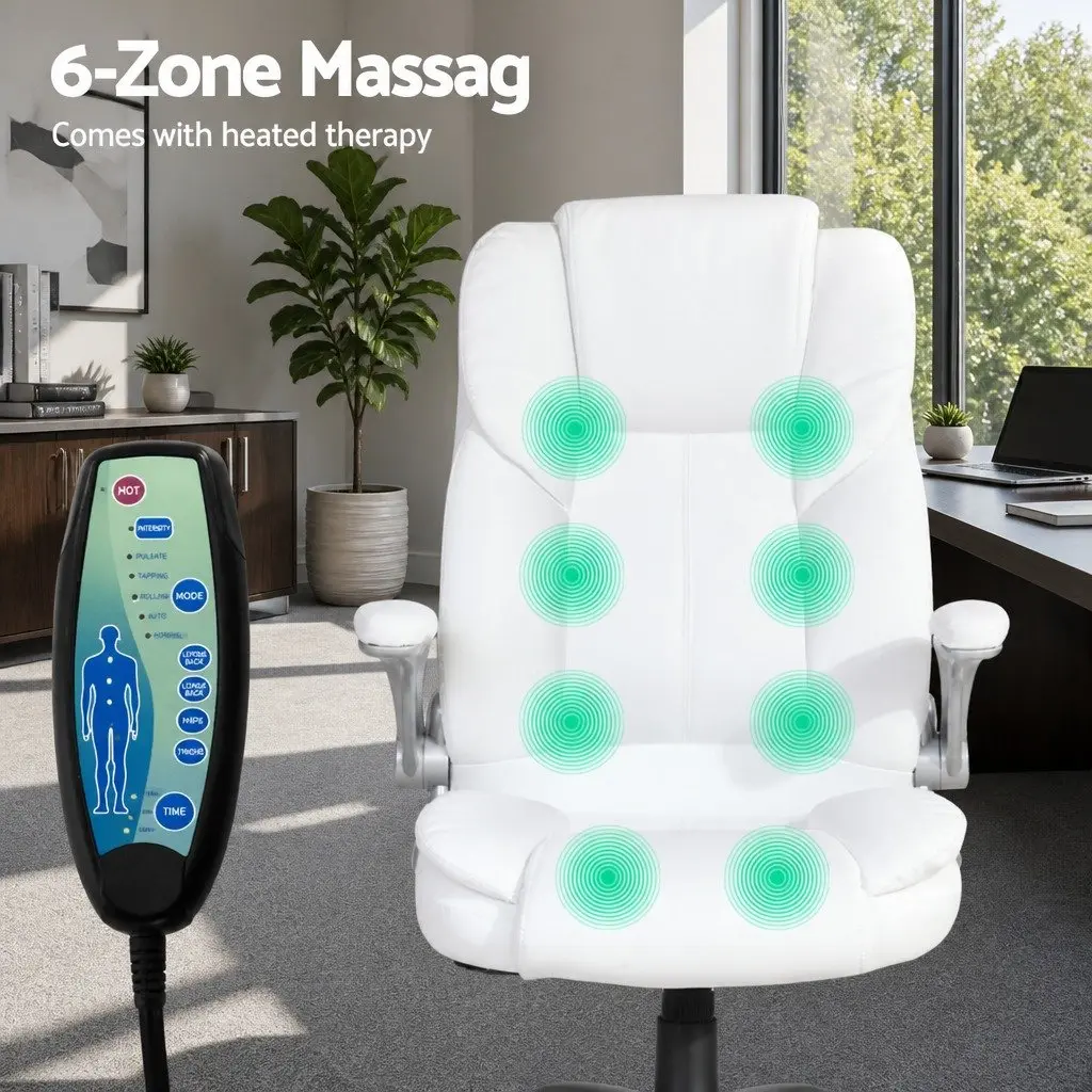 8 Point Massage Office Chair High Back Vibration White PU Leather Work Seat