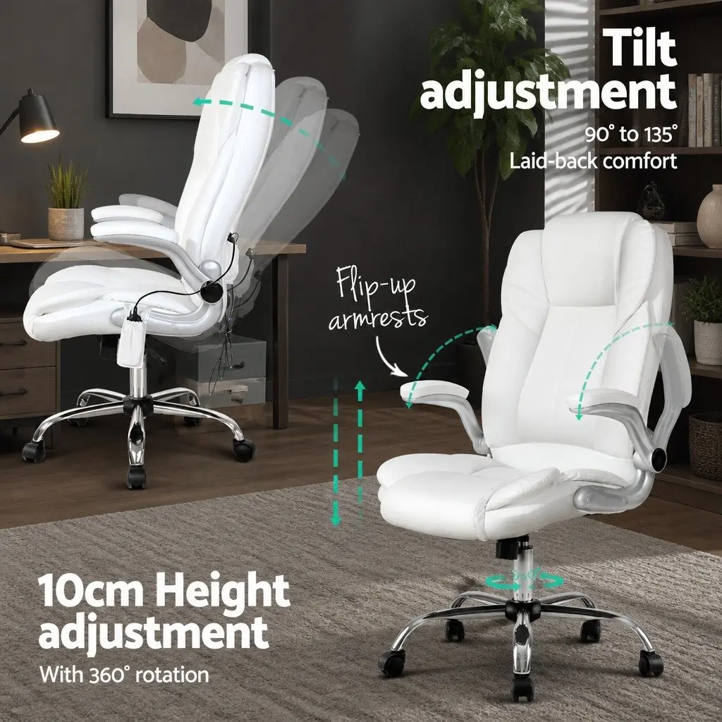 8 Point Massage Office Chair High Back Vibration White PU Leather Work Seat