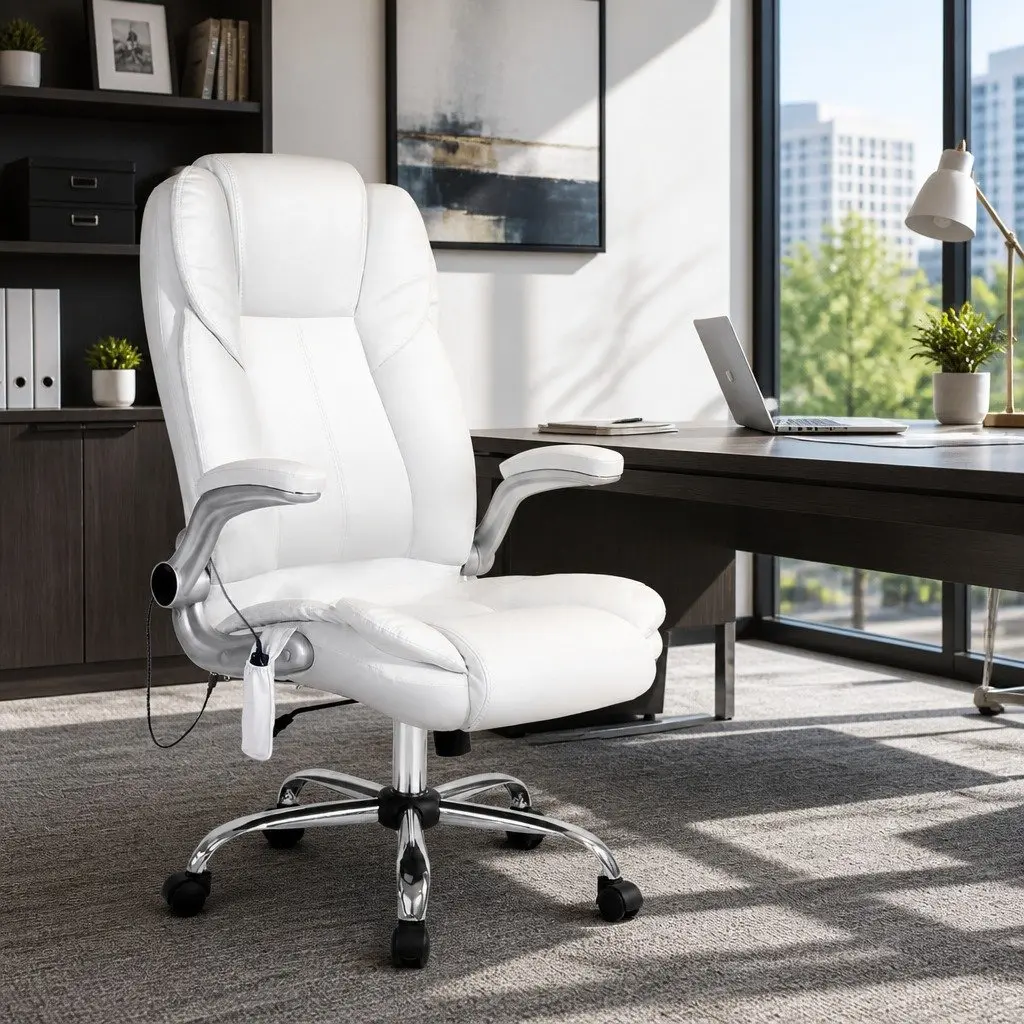 8 Point Massage Office Chair High Back Vibration White PU Leather Work Seat