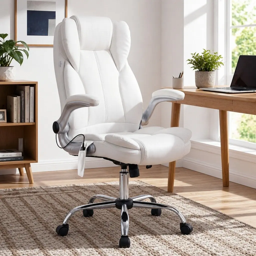 8 Point Massage Office Chair High Back Vibration White PU Leather Work Seat