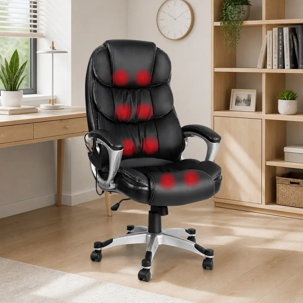 8-Point Heated Massage Office Chair in Black PU Leather