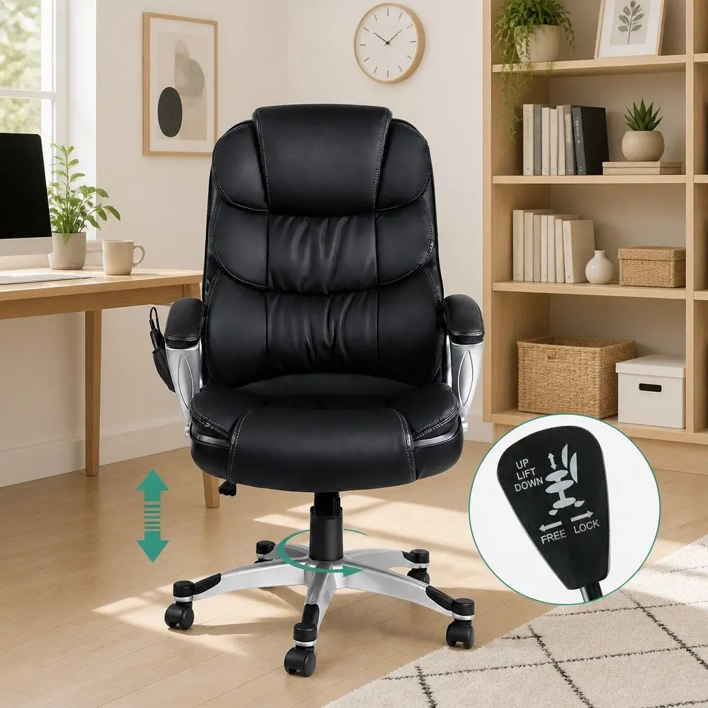 8-Point Heated Massage Office Chair in Black PU Leather