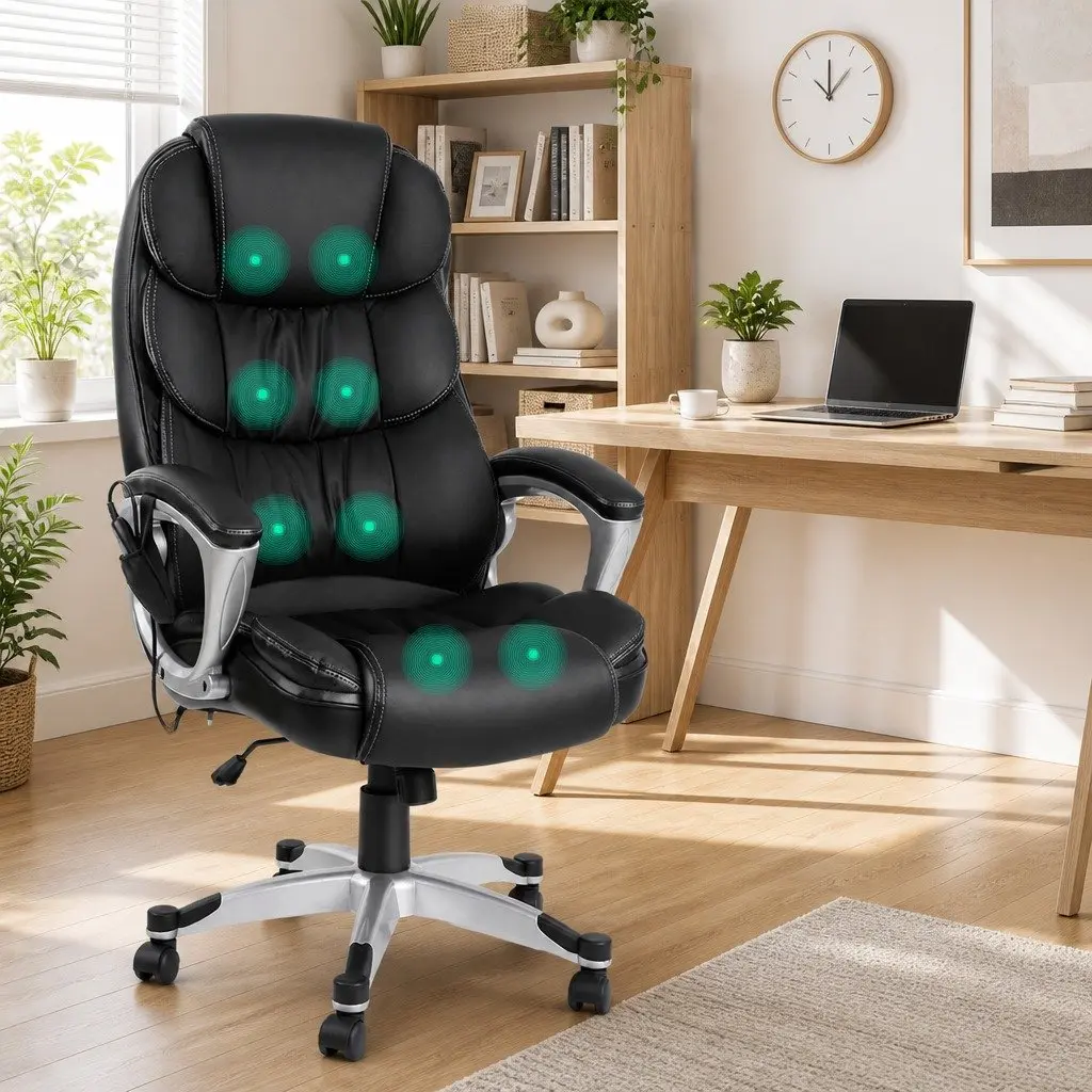 8-Point Heated Massage Office Chair in Black PU Leather