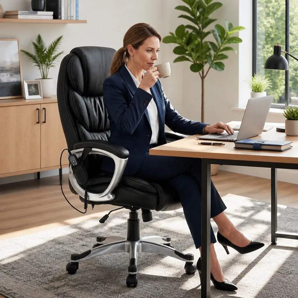 8-Point Heated Massage Office Chair in Black PU Leather