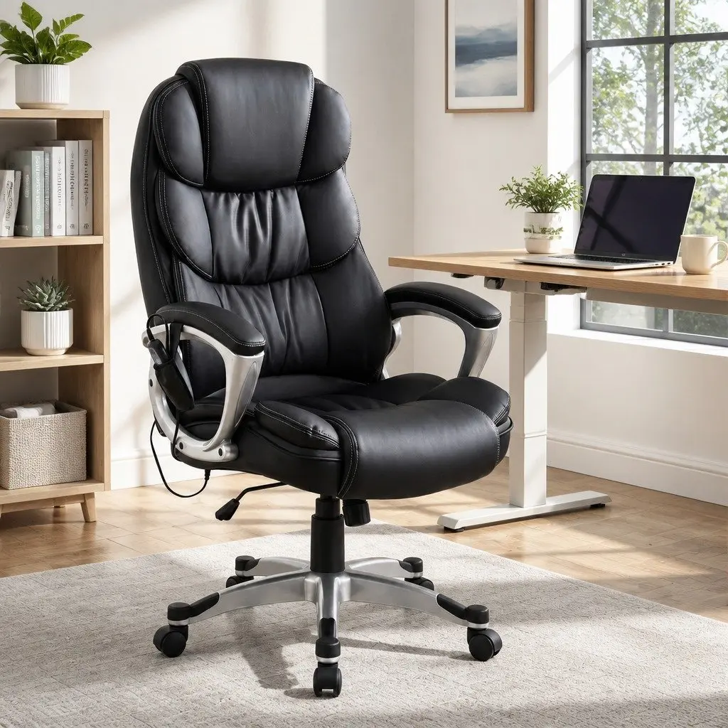 8-Point Heated Massage Office Chair in Black PU Leather