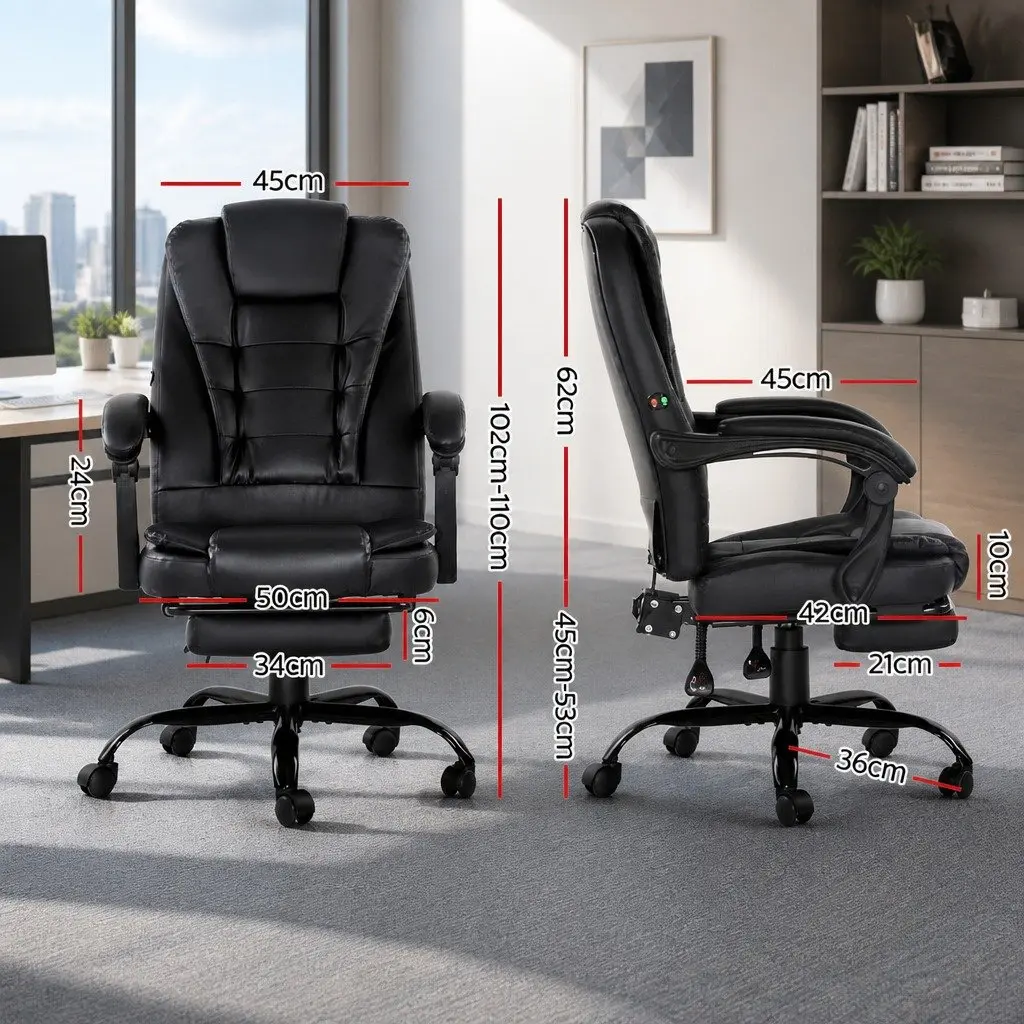 Massage Office Chair 2-Zone Black PU Leather Recliner with Footrest Adjustable