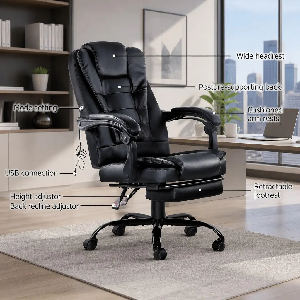 Massage Office Chair 2-Zone Black PU Leather Recliner with Footrest Adjustable