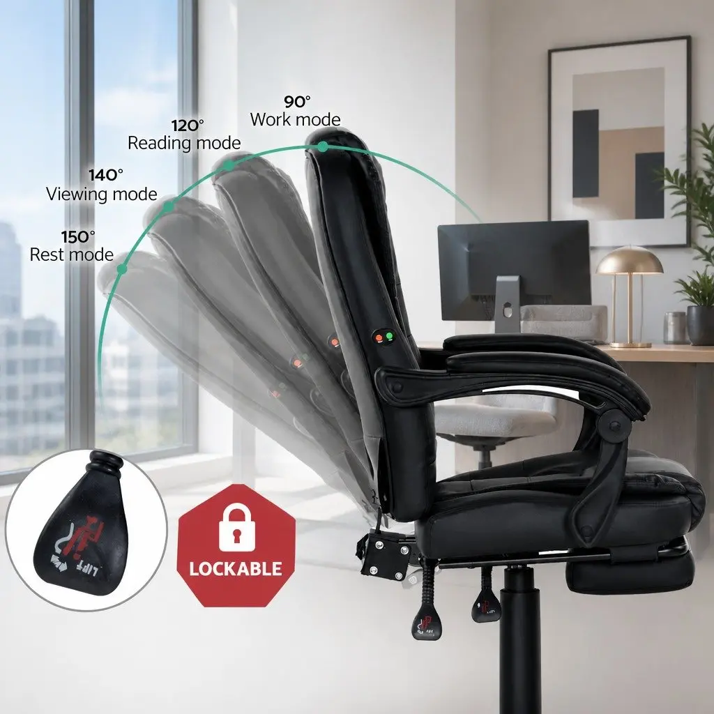 Massage Office Chair 2-Zone Black PU Leather Recliner with Footrest Adjustable