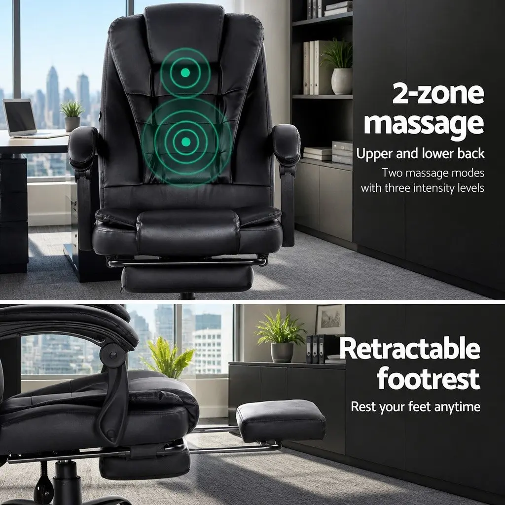 Massage Office Chair 2-Zone Black PU Leather Recliner with Footrest Adjustable