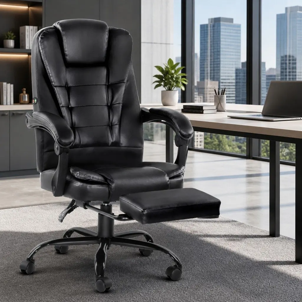 Massage Office Chair 2-Zone Black PU Leather Recliner with Footrest Adjustable