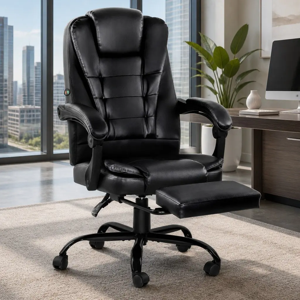 Massage Office Chair 2-Zone Black PU Leather Recliner with Footrest Adjustable