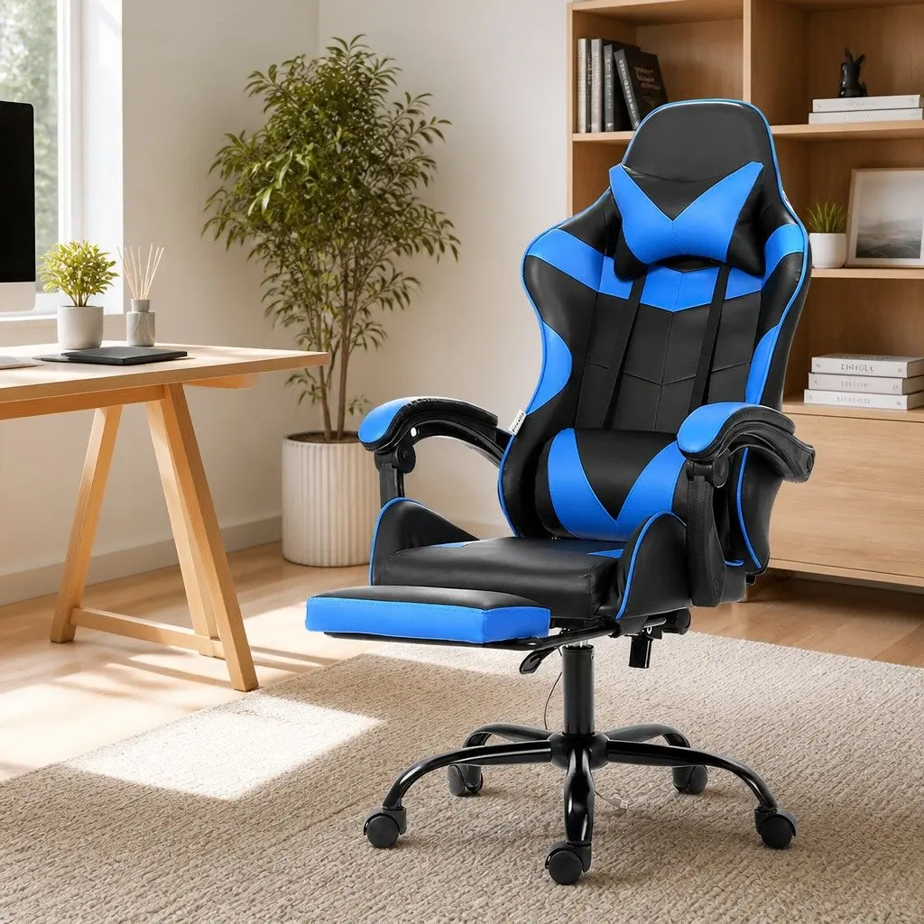 Massage Chair for Gaming Office with Footrest Ergonomic Blue