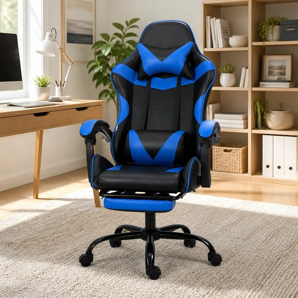 Massage Chair for Gaming Office with Footrest Ergonomic Blue