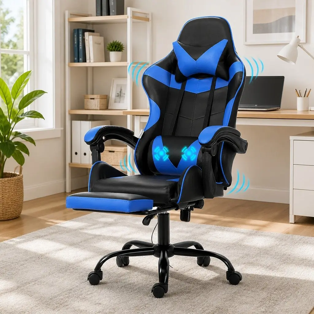 Massage Chair for Gaming Office with Footrest Ergonomic Blue
